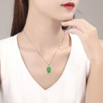 Natural A-grade jade green leaves ice jade pendant S925 silver inlaid jade pendant women's necklace fashion pendant