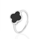 Natural black jadeite A grade jadeite black jade four-leaf clover ring 925 silver inlaid jade fashionable female ring adjustable
