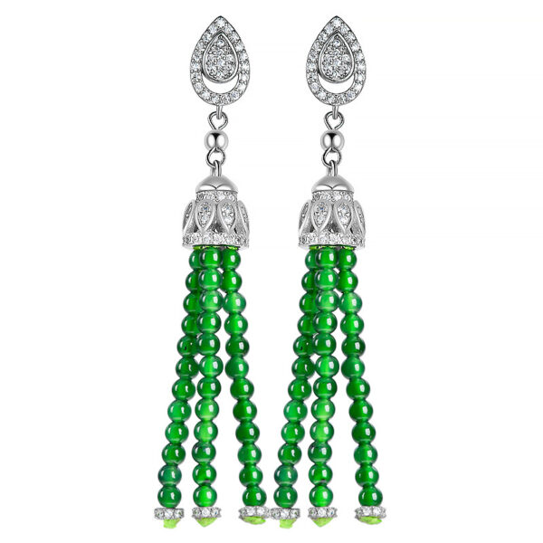 Genuine S925 silver inlaid natural A-grade jadeite Yang green millet bead tassel earrings jade earrings high-end fashion women