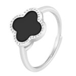 Natural black jadeite A grade jadeite black jade four-leaf clover ring 925 silver inlaid jade fashionable female ring adjustable