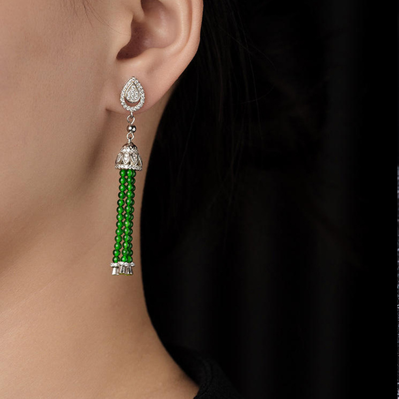 Genuine S925 silver inlaid natural A-grade jadeite Yang green millet bead tassel earrings jade earrings high-end fashion women