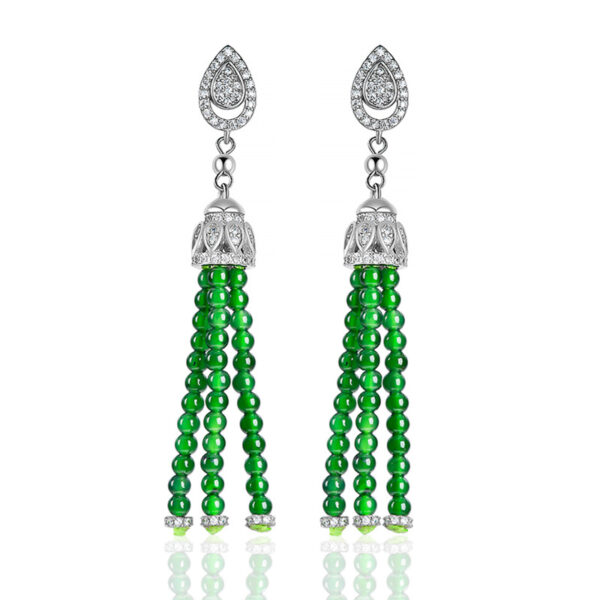 Genuine S925 silver inlaid natural A-grade jadeite Yang green millet bead tassel earrings jade earrings high-end fashion women