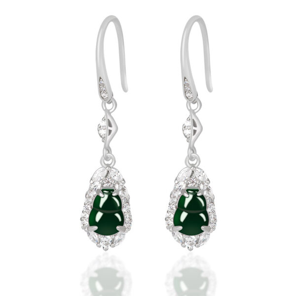 S925 Silver Inlaid Natural A-Grade Jadeite Black Jade Earrings Gourd Earrings Ice Jade Women's High-end Fashion Earrings