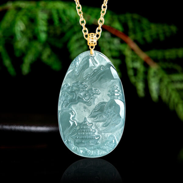 High-grade natural A-grade jadeite blue water small landscape pendant 18K gold buckle inlaid with ice jade female pendant