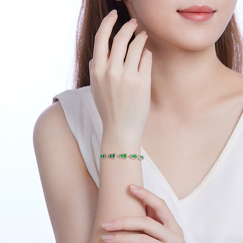 High-end natural A-grade jadeite sun green gourd bracelet ice jade S925 silver inlaid women's fashion jewelry